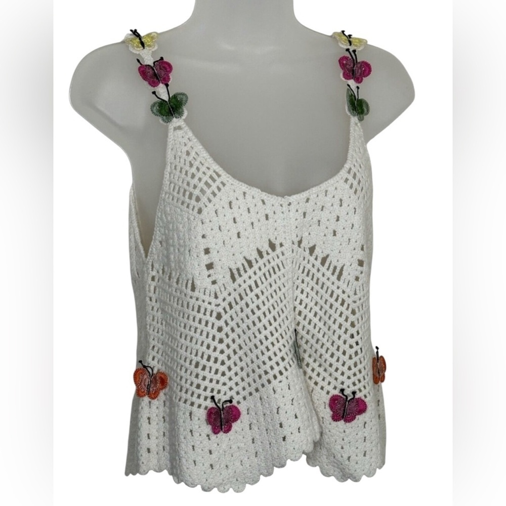 Rebellion Again Crochet Crop Tank Top Butterflies Cream XS NWT Cottagecore Boho